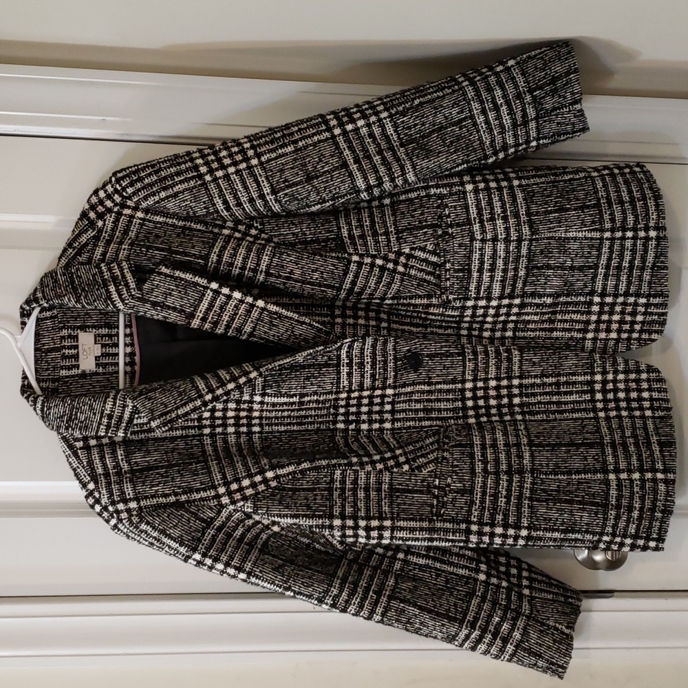 LOFT PLUS Heavy Women's Wool Blend Blazer Black White Pink Tweed Pockets Sz 18